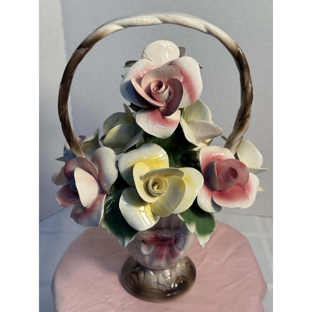 Large 12x10 Capodimonte Roses Basket Italy Porcelain Vintage